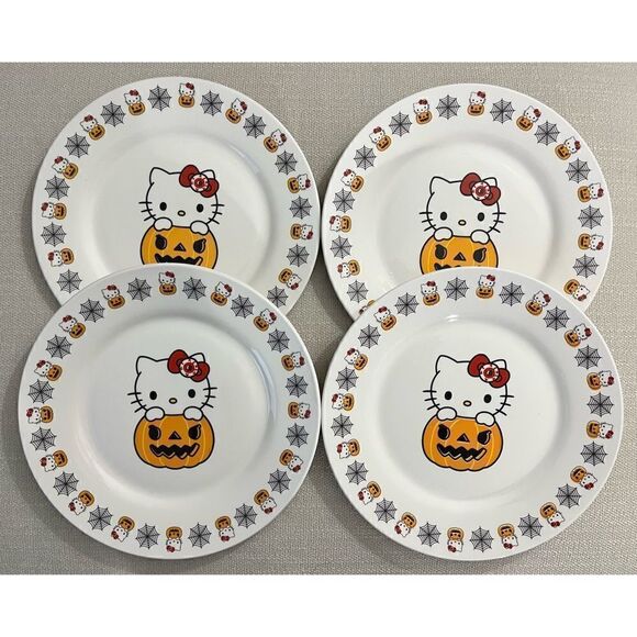Set of 4- Hello Kitty Pumpkin Halloween 8” Ceramic Plates Sanrio 2023 - Picture 1 of 3